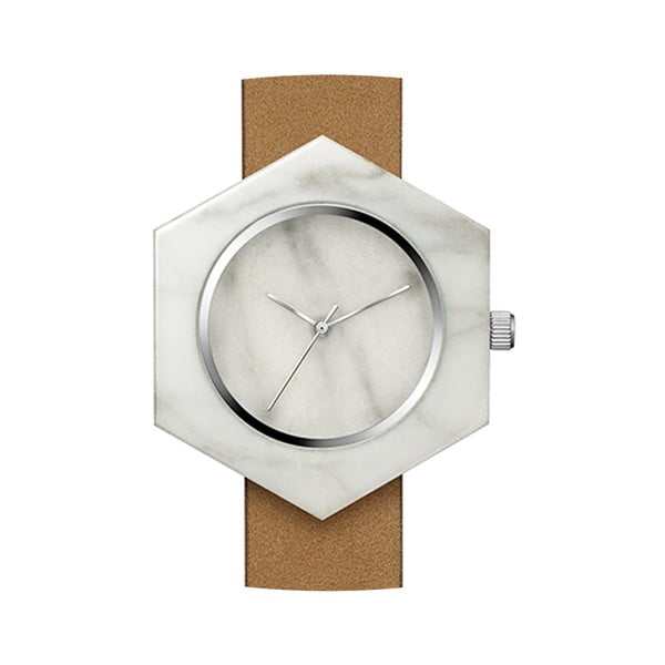 Bílé hranaté mramorové hodinky s hnědým řemínkem Analog Watch Co.