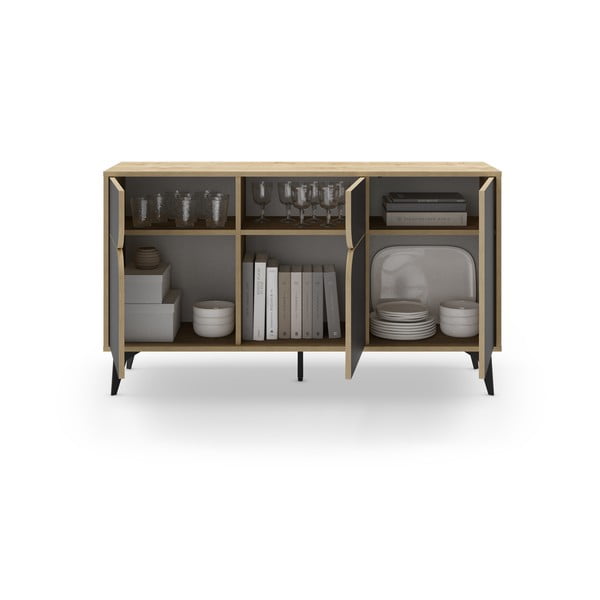 Нисък скрин с дъбов декор в черно - естествен цвят 140x79 cm Nola - Marckeric-image-4