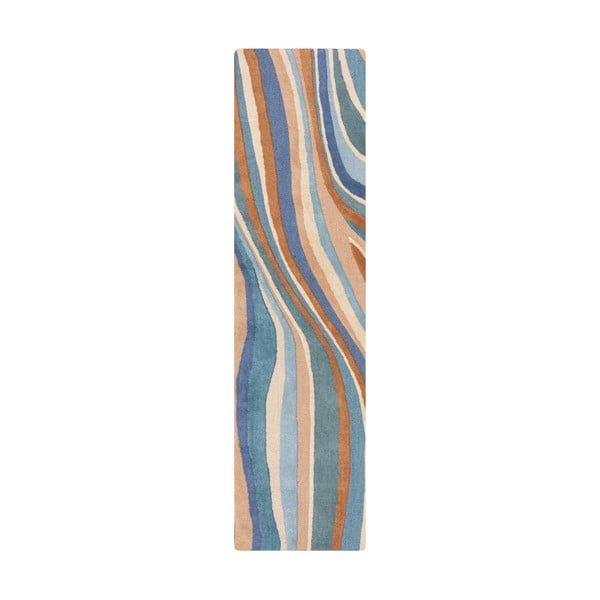 Синя ръчно изработена вълнена пътека 60x230 cm Abstract Flow – Flair Rugs