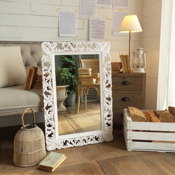 Zrcadlo s rámem z mangového dřeva Orchidea Milano Antique White Lace