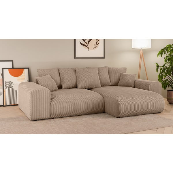 Бежов разтегателен ъглов диван с място за съхранение от рипсено кадифе (променлив) Luma – Ropez-image-1