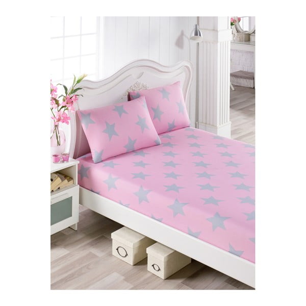 Комплект от памучен розов чаршаф и 2 калъфки за възглавници за единично легло Stars Lusno, 100 x 200 cm - Mijolnir