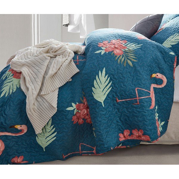 Modrý přehoz z mikroperkálu se dvěma povlaky na polštář Sleeptime Flamingo, 180 x 250 cm-image-1