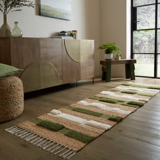 Зелено-естествена ръчно изработена пътека със смес от юта 60x230 cm Medina Blocks – Flair Rugs