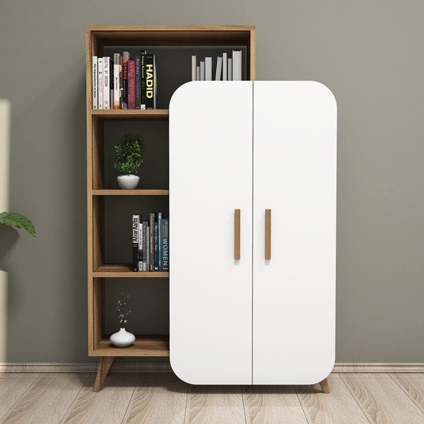 Бял гардероб с рафтове от орехово дърво Garetto Form - Hommy Craft-image-4