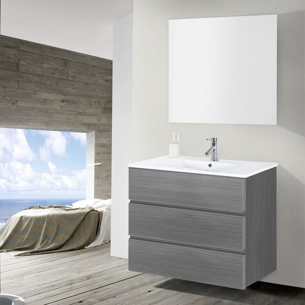 Koupelnová skříňka s umyvadlem a zrcadlem Nayade, odstín šedé, 90 cm