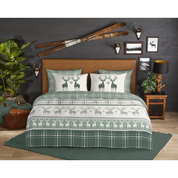 Зелено-кремаво двойно удължено фланелено спално бельо 200x220 cm Bjirk – Good Morning-image-1