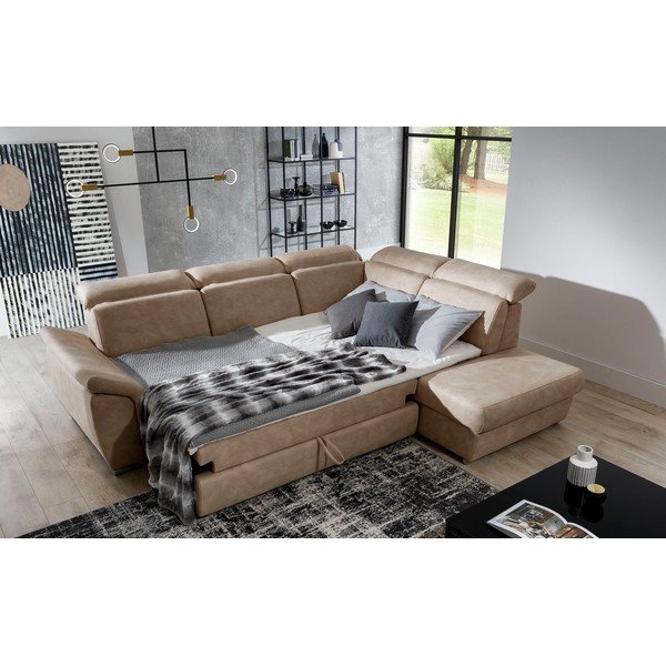 Бежов кадифен разтегателен ъглов диван с място за съхранение (десен ъгъл L форма) Loreto – ELTAP-image-4