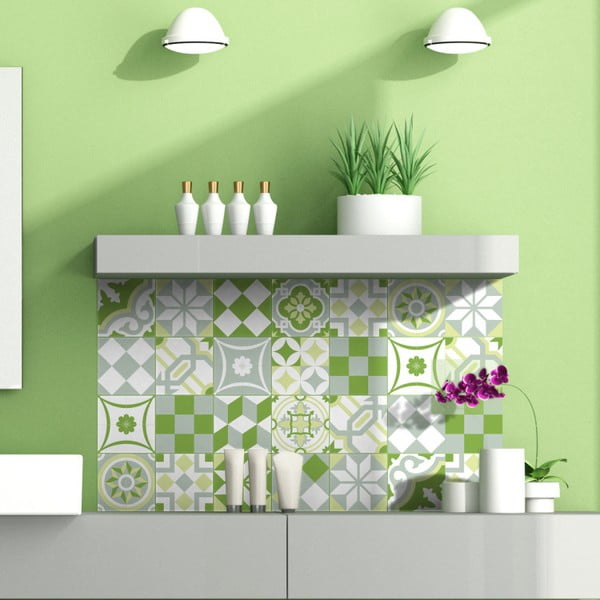Комплект от 24 стикера за стена Green Patchwork Tiles, 10 x 10 cm - Ambiance