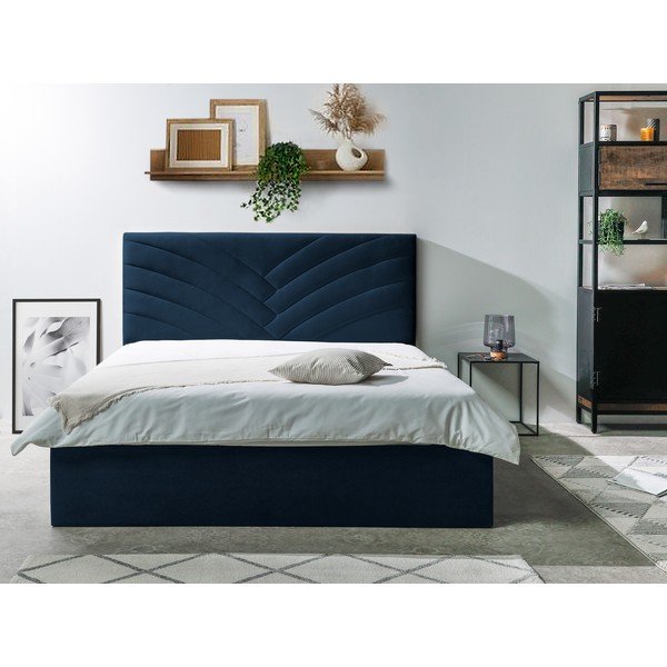 Тъмносиньо тапицирано двойно легло с място за съхранение с решетка 160x200 cm Palmyre - Bobochic Paris-image-2