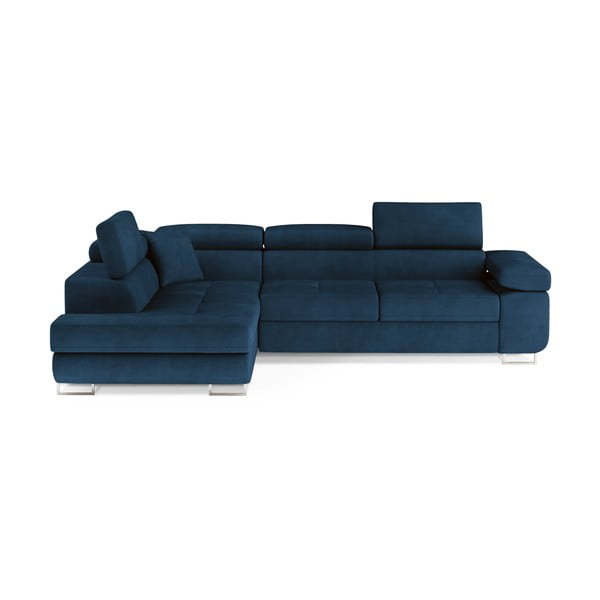 Син кадифен разтегателен ъглов диван с място за съхранение (ляв ъгъл L форма) Anton – ELTAP