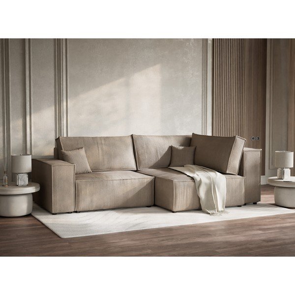 Бежов сгъваем/с място за съхранение ъглов диван от рипсено кадифе (десен ъгъл/L форма) Tonga – Maison de Rêve-image-4