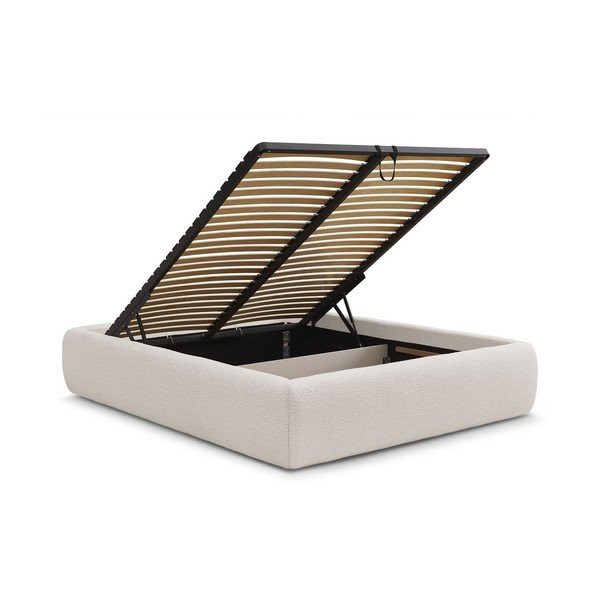 Бяло тапицирано двойно легло без табла с място за съхранение и включена подматрачна рамка 160x200 cm Inera – Bobochic Paris-image-3