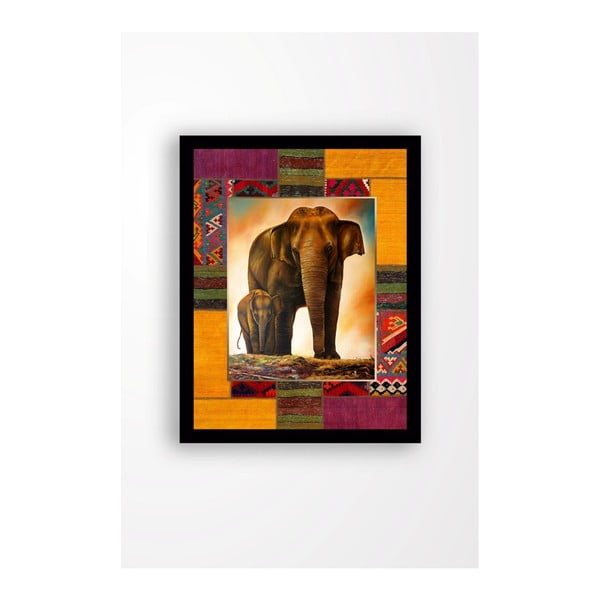 Картина за стена върху платно в черна рамка Семейство слонове, 29 x 24 cm - Tablo Center