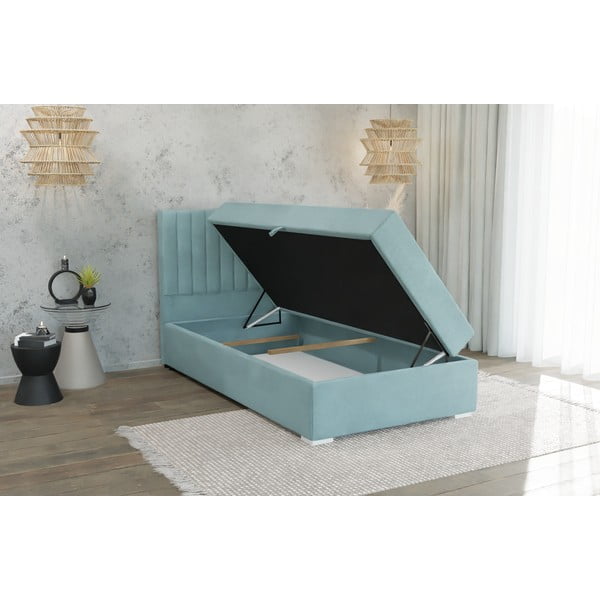 Светлосиньо единично тапицирано легло с място за съхранение с включена подматрачна рамка 100x200 cm Bunny – Ropez-image-3