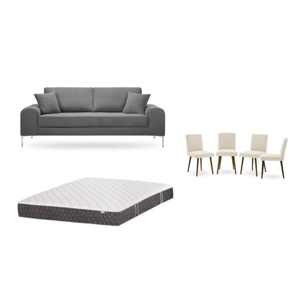 Комплект от триместен сив диван, 4 кремави стола и матрак 160 x 200 cm - Home Essentials