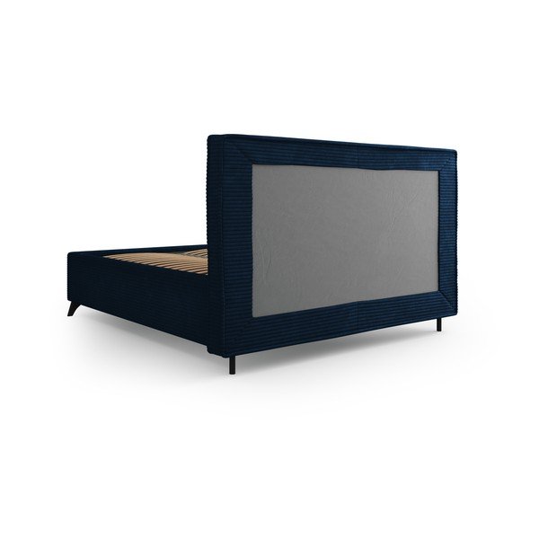 Тъмносиньо тапицирано двойно легло с място за съхранение и решетка 160x200 cm Malou - Milo Casa-image-4