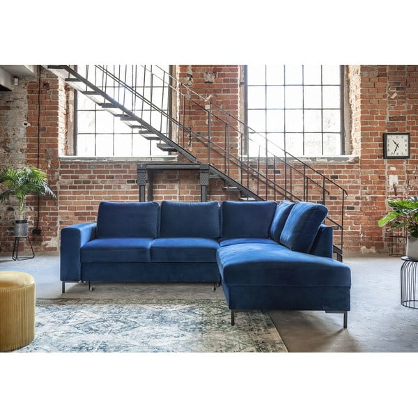 Тъмносин кадифен разтегателен ъглов диван (десен ъгъл) Lofty Lilly – Miuform-image-1