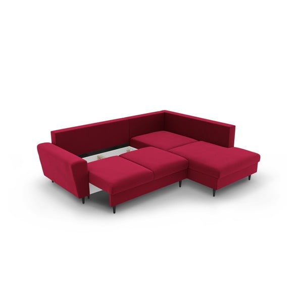 Червен  кадифен разтегателен ъглов диван с място за съхранение (десен ъгъл/L форма) Kyoto – Cosmopolitan Design-image-3
