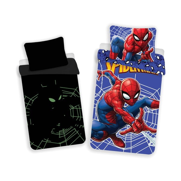 Червено-синьо  единично  памучно детско спално бельо със светещ ефект 140x200 cm Spider-man – Jerry Fabrics