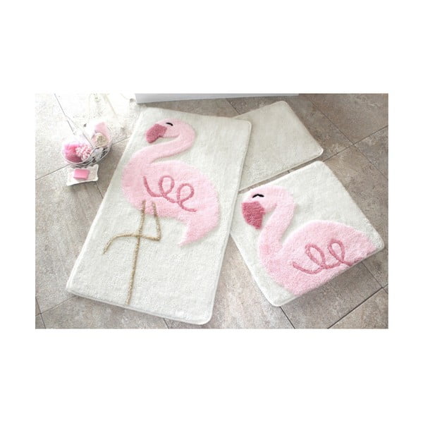 Комплект от 3 розови и бели изтривалки за баня Chilai Home by Alessia Flamingo - Foutastic