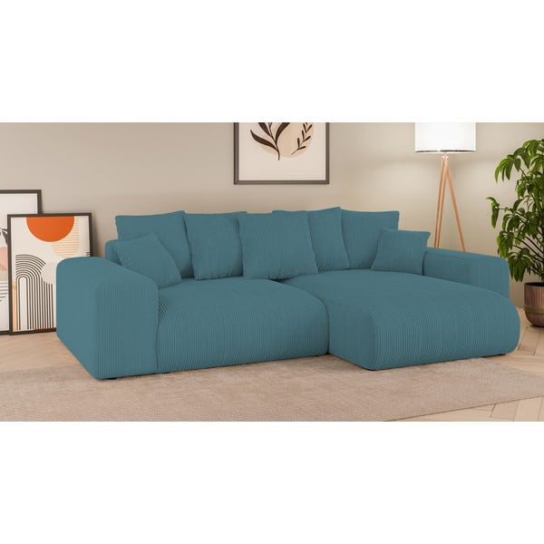 Тюркоазен ъглов диван с място за съхранение от рипсено кадифе Luma – Ropez-image-1