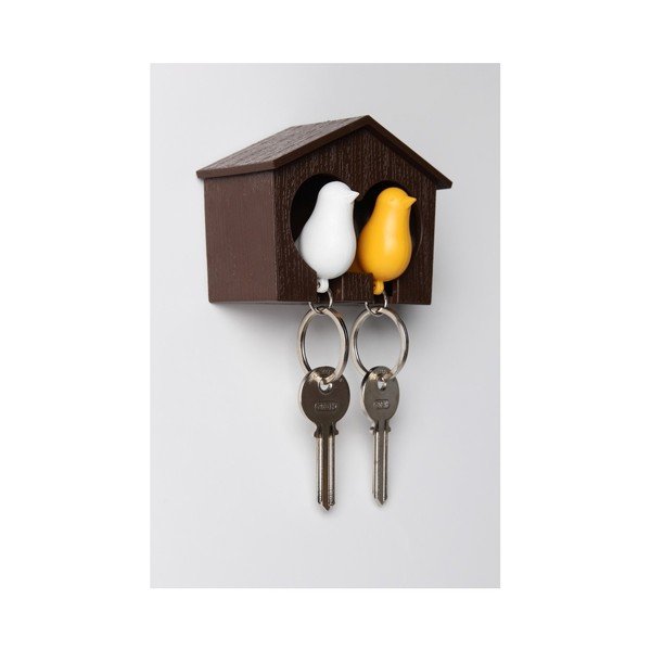 Hnědý věšáček na klíče s bílou a žlutou klíčenkou Qualy Duo Sparrow-image-1