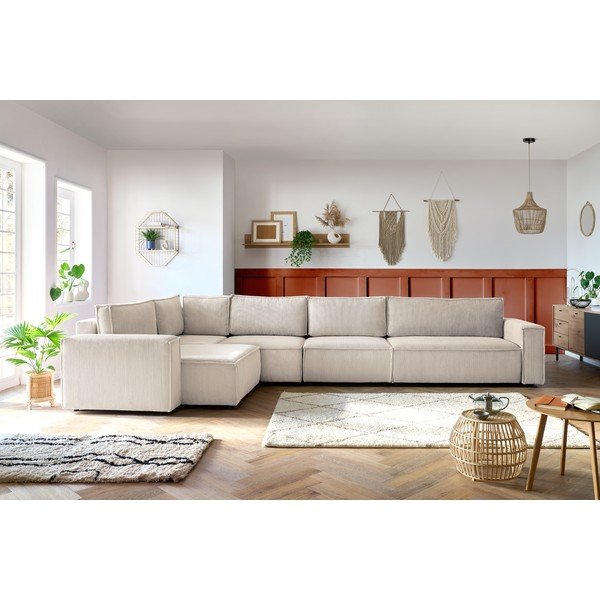 Кремав ъглов диван от велур, ляв ъгъл Nihad modular - Bobochic Paris-image-1