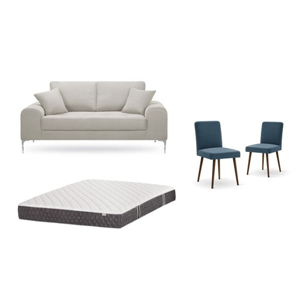 Комплект от двуместен кремав диван, 2 сини стола и матрак 140 x 200 cm - Home Essentials