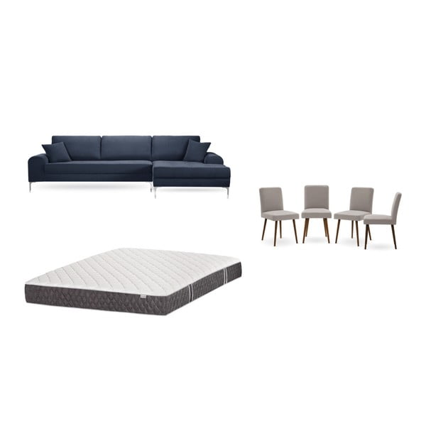 Комплект от тъмносин диван с мързелив диван отдясно, 4 сиво-бежови стола и матрак 160 x 200 cm - Home Essentials