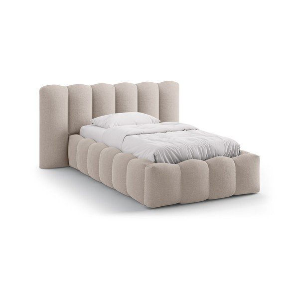 Светлокафяво единично легло 90x200 cm тапицирано с място за съхранение с включена подматрачна рамка Lupine – Micadoni 