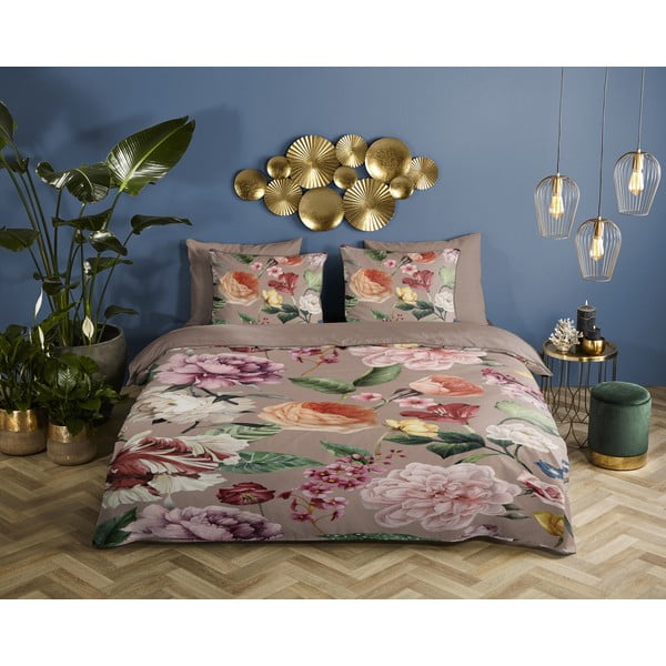 Сиво-кафяво двойно удължено спално бельо от памучен сатен 240x220 cm Fiori – Descanso-image-1