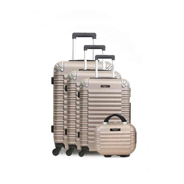 Комплект от 3 бежови пътнически куфара на колелца и куфарче за тоалетни принадлежности Vanity Champagne - Bluestar