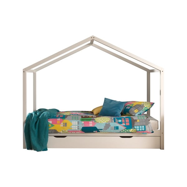 Бяло разтегателно детско легло къща от масивен бор с място за съхранение 90x200 cmDALLAS – Vipack