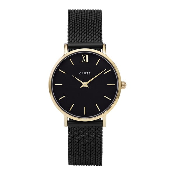 Dámské černé hodinky z nerezové oceli s detaily ve zlaté barvě Cluse Minuit