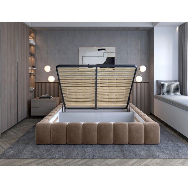 Светлокафяво тапицирано двойно легло с място за съхранение и включена подматрачна рамка 160x200 cm Lamica – ELTAP-image-2