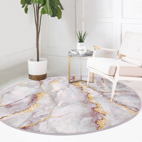 Светлорозов/в златист цвят кръгъл килим подходящ за пране ø 100 cm Marble – Mila Home-image-2
