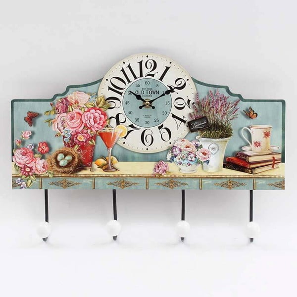 Dřevěné nástěnné hodiny Flowers s háčky, 40x28 cm