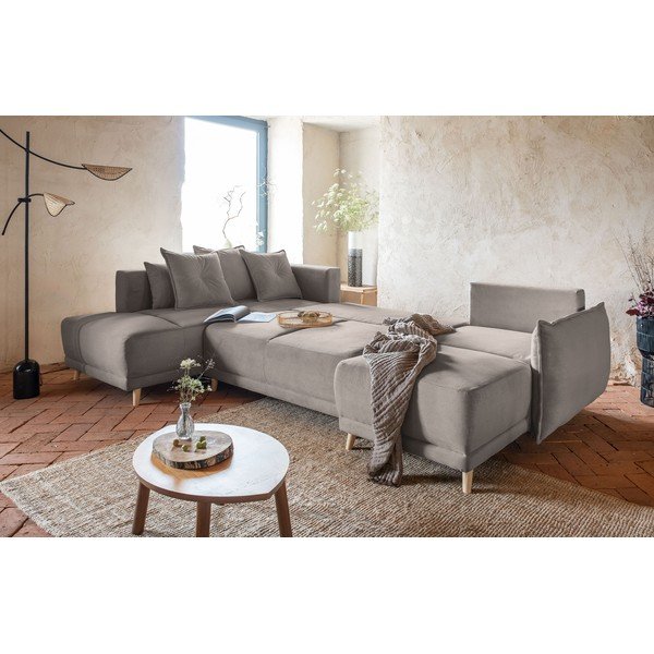 Светлокафяв ъглов диван от велур (ляв ъгъл/U-образна форма) Lazy Lukka - Miuform-image-1