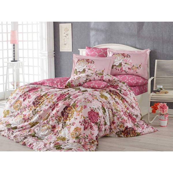Спално бельо от памучен сатен с чаршаф за двойно легло Розово, 200 x 220 cm Rosanna - Mijolnir