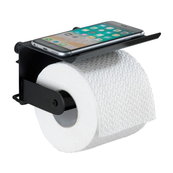 Черна стенна поставка за тоалетна хартия с подложка за мобилен телефон Classic Plus - Wenko