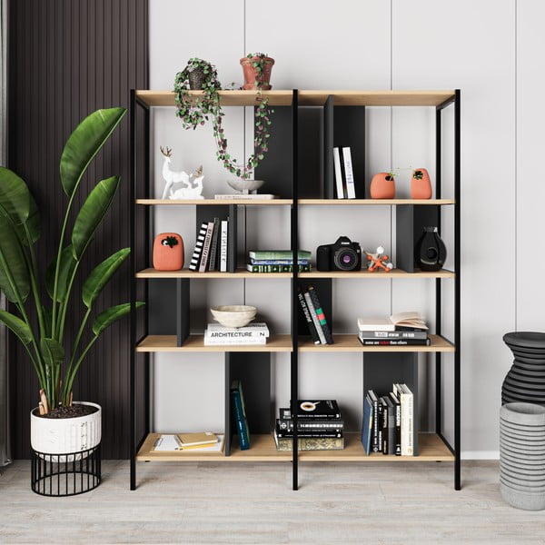 Етажерка за книги в дъбов декор в черно-натурален цвят 144x175 cm Alabama - Marckeric-image-3