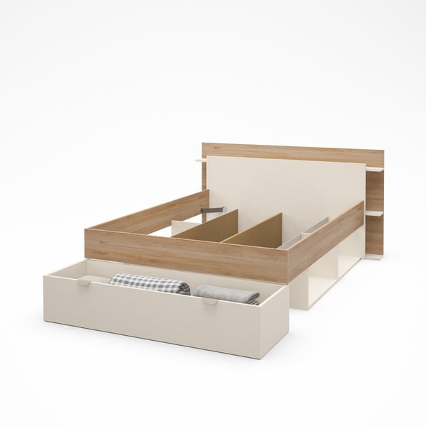 Бяло-естествено двойно легло 140x190 cm от декор от дъб  с място за съхранение без ламелно дъно Albo – Marckeric-image-4