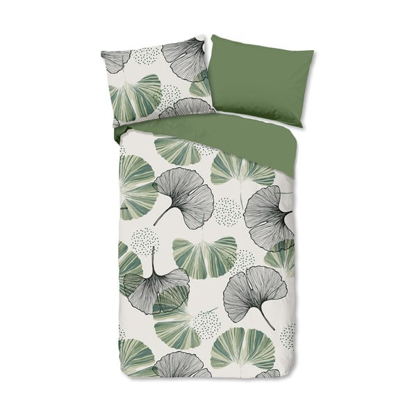 Зелено и кремаво памучно спално бельо за единично легло 140x200 cm - Good Morning