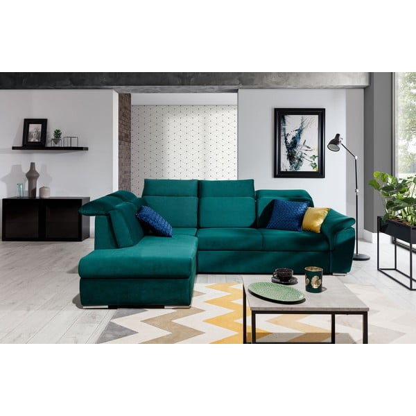 Зелен кадифен разтегателен ъглов диван с място за съхранение (ляв ъгъл L форма) Loreto – ELTAP-image-1