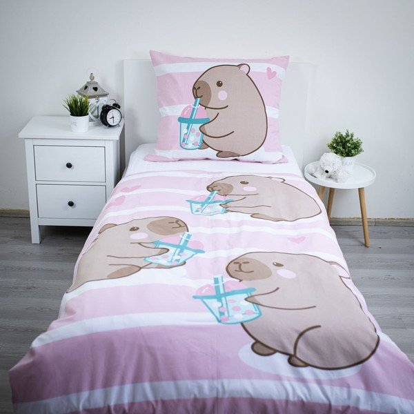 Розово единично  памучно детско спално бельо 140x200 cm Kapybara – Jerry Fabrics-image-1