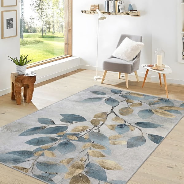 Светлосиньо-златист килим подходящ за пране 120x180 cm Golden Leaves – Mila Home-image-2