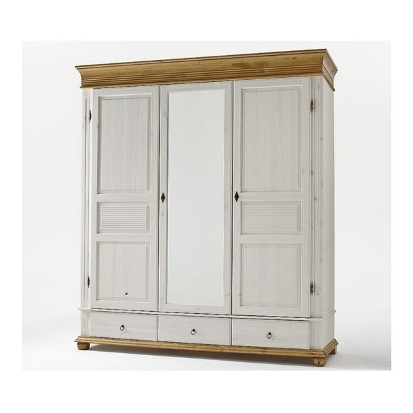 Bílá třídveřová šatní skříň z borovicového dřeva SOB Harald