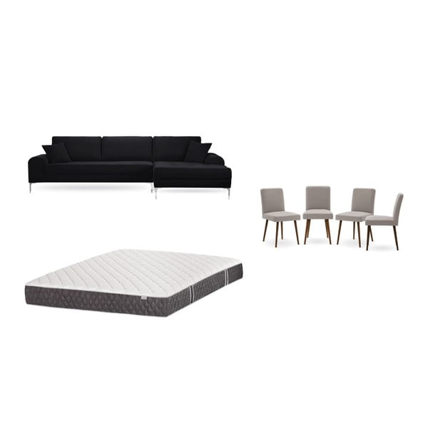 Комплект от черен диван с мързелив диван отдясно, 4 сиво-бежови стола и матрак 160 x 200 cm - Home Essentials