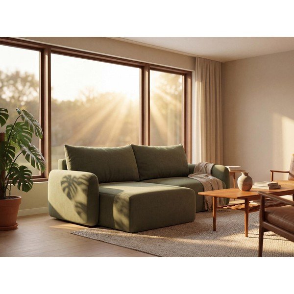 Светлокафяв разтегателен ъглов диван с място за съхранение (ляв ъгъл) Kalena – Makamii-image-1